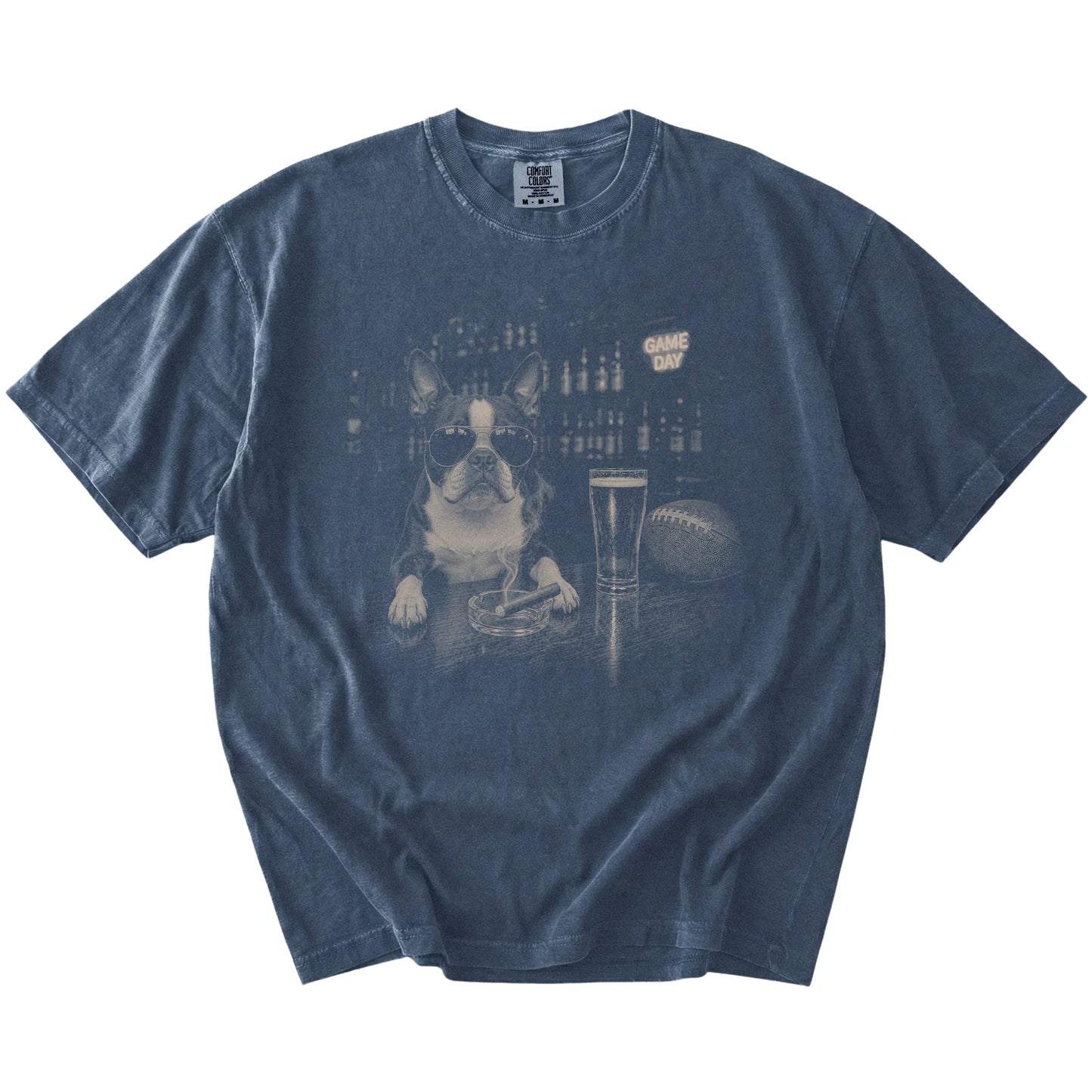 Boston Terrier with beer and football graphics on a Denim Comfort Colors® T-shirt