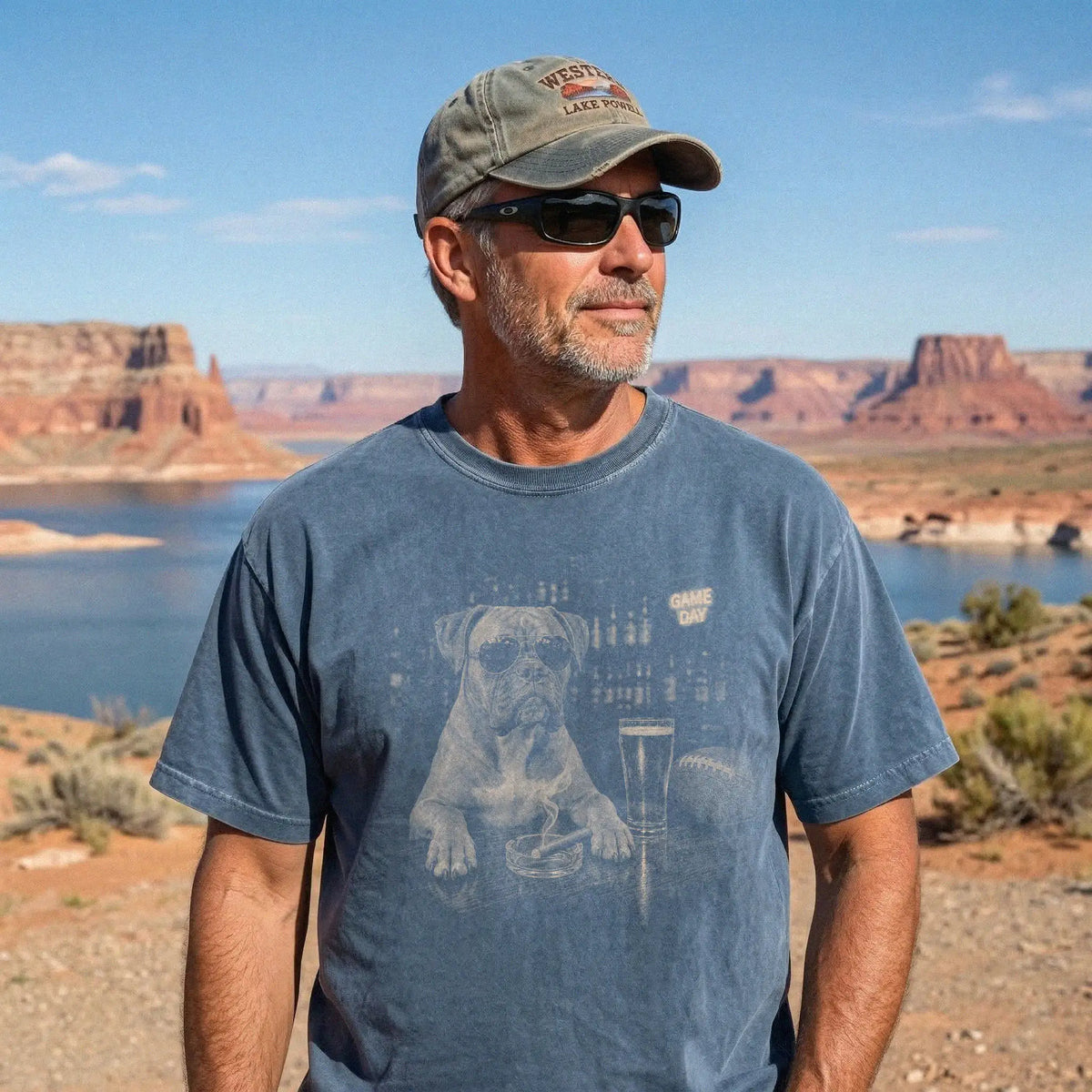 Model wearing a Denim Comfort Colors® T-shirt featuring Boxer with beer and football graphics
