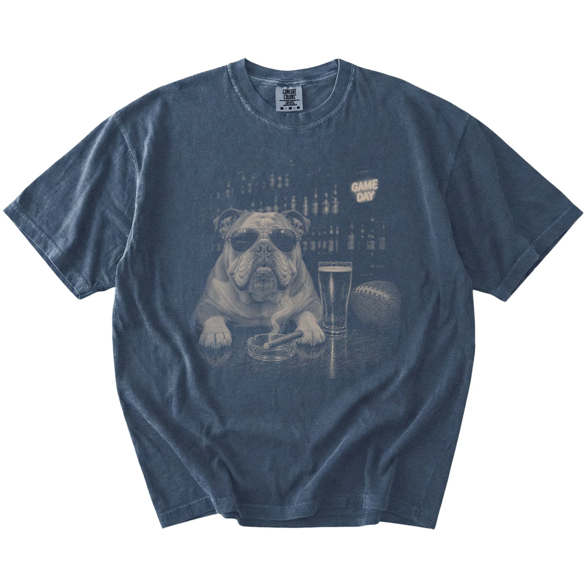Bulldog with beer and football graphics on a Denim Comfort Colors® T-shirt