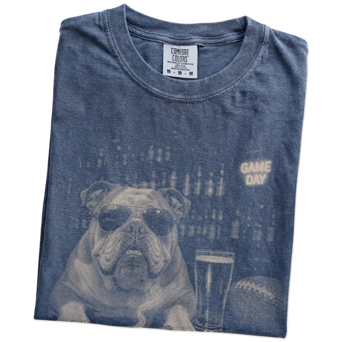 Folded Denim Comfort Colors® T-shirt showing Bulldog with beer and football graphics