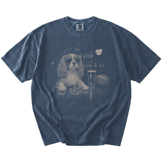 Cavalier King Charles Spaniel with beer and football graphics on a Denim Comfort Colors® T-shirt