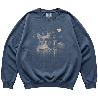 Denim Beer and Football Chihuahua sweatshirt, laid flat