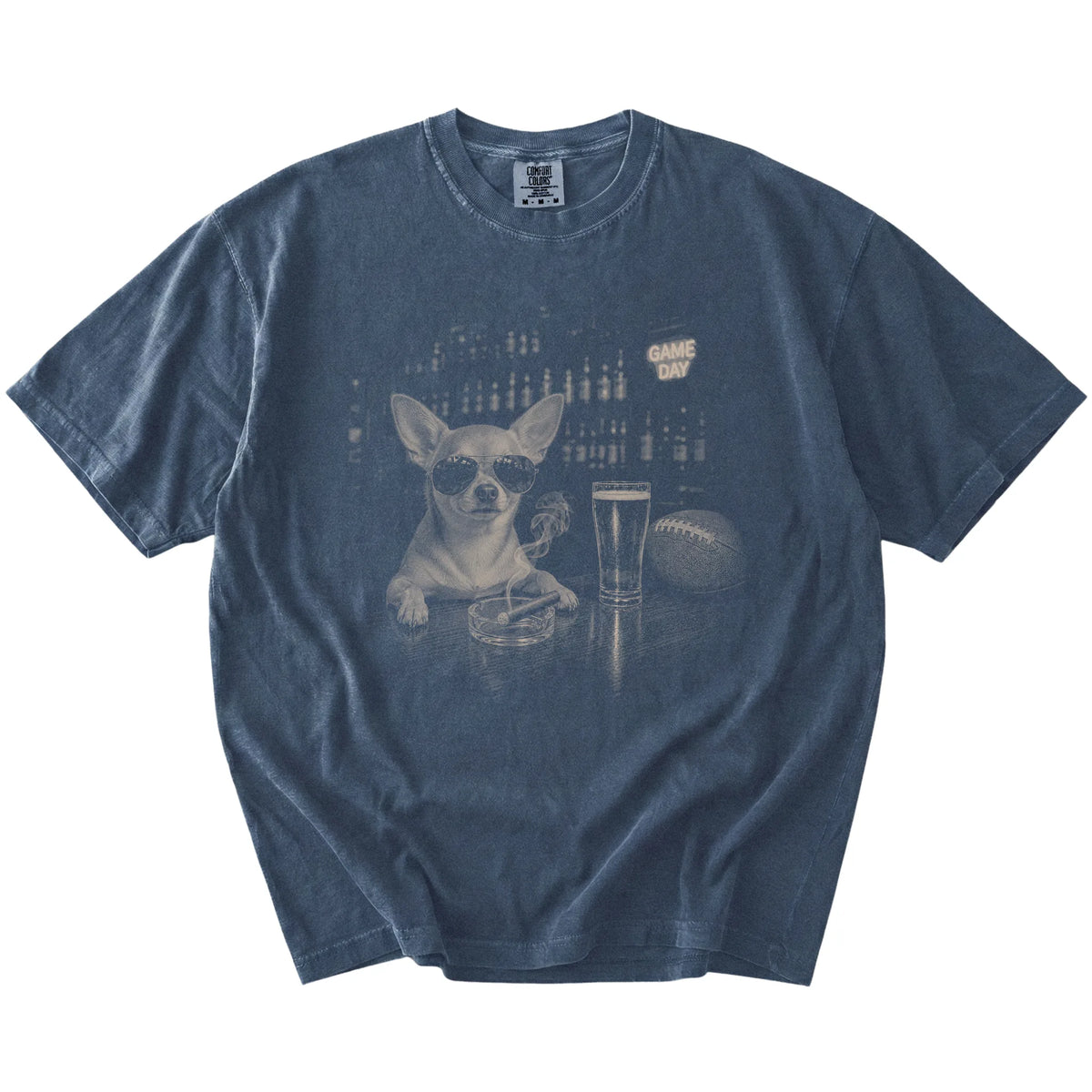 Chihuahua with beer and football graphics on a Denim Comfort Colors® T-shirt