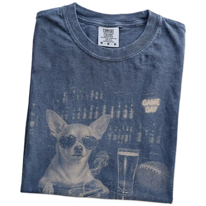 Folded Denim Comfort Colors® T-shirt showing Chihuahua with beer and football graphics