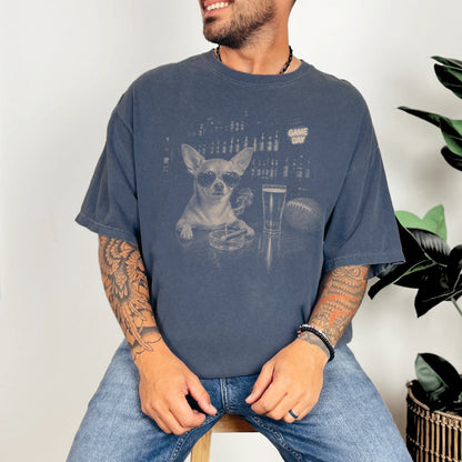 Model wearing a Denim Comfort Colors® T-shirt featuring Chihuahua with beer and football graphics