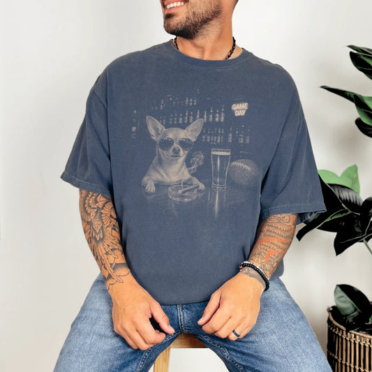 Model wearing a Denim Comfort Colors® T-shirt featuring Chihuahua with beer and football graphics