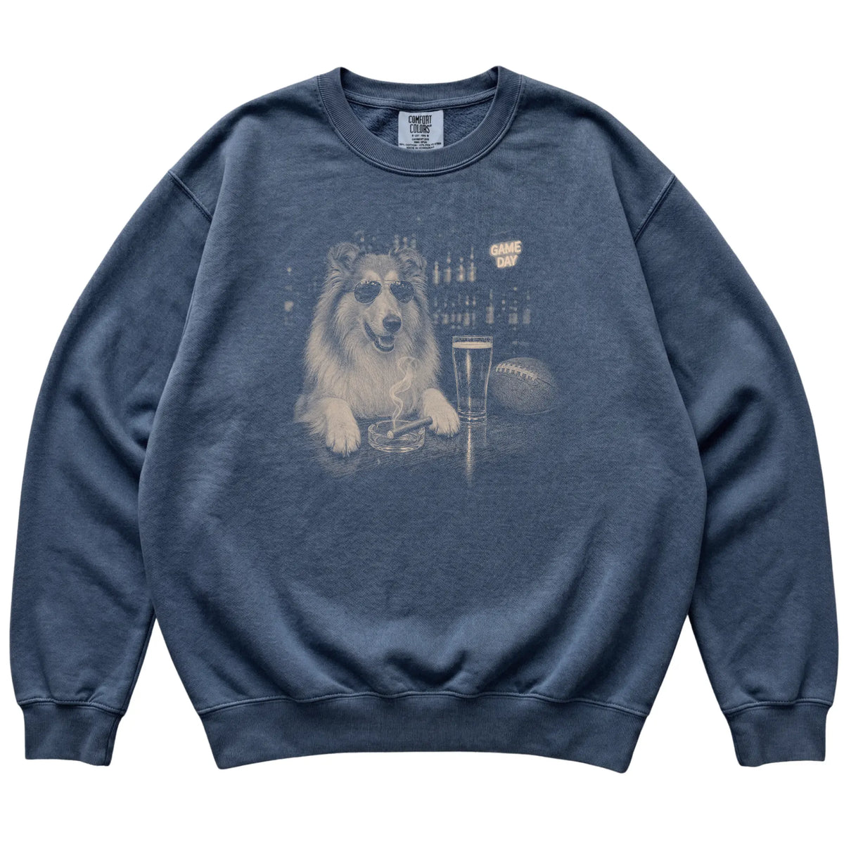Denim Beer and Football Collie sweatshirt, laid flat