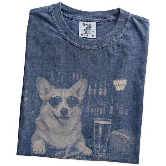 Folded Denim Comfort Colors® T-shirt showing Corgi with beer and football graphics