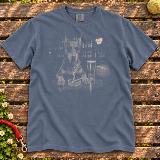 Beer and Football Doberman design on a Denim Comfort Colors T-shirt, shown flat