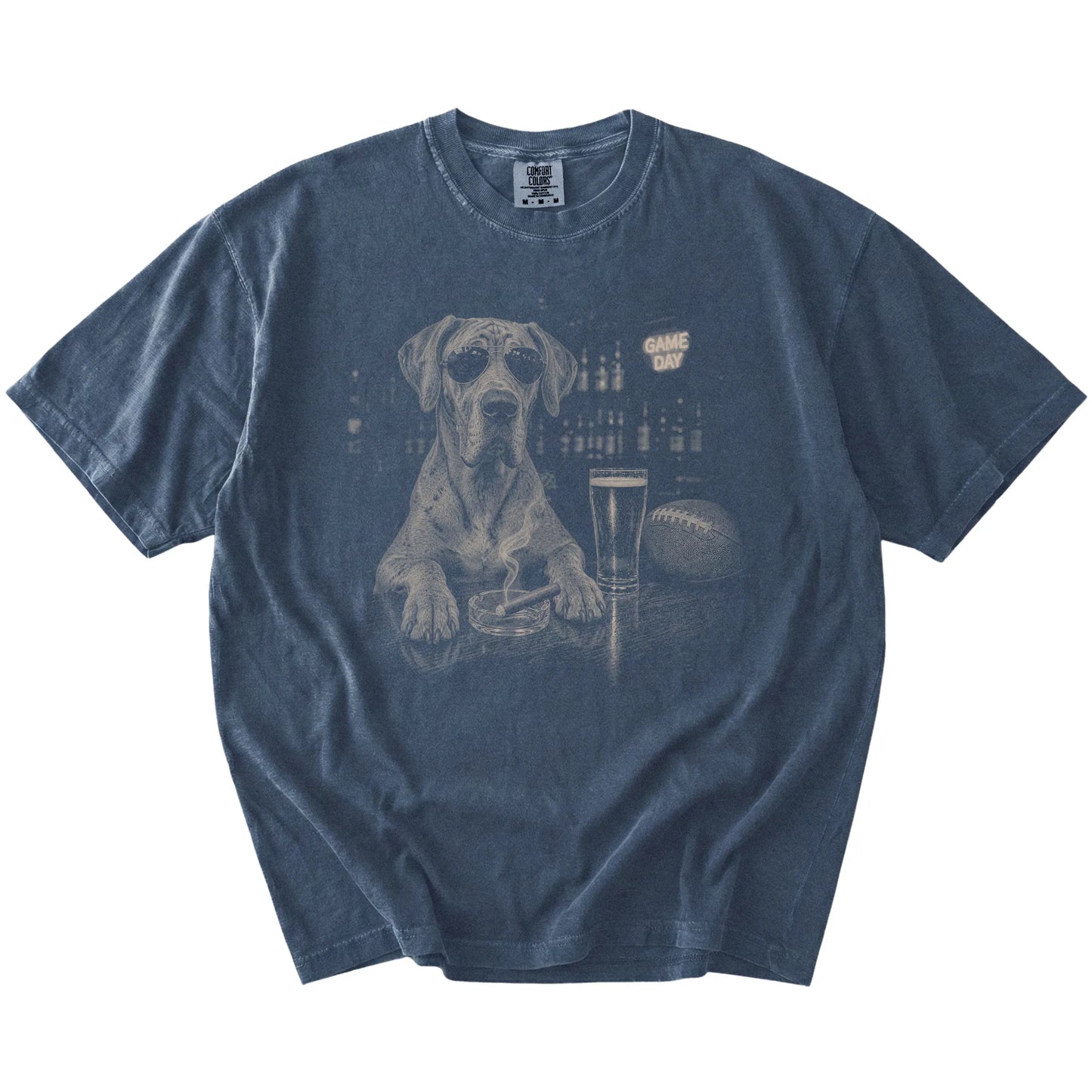 Great Dane with beer and football graphics on a Denim Comfort Colors® T-shirt