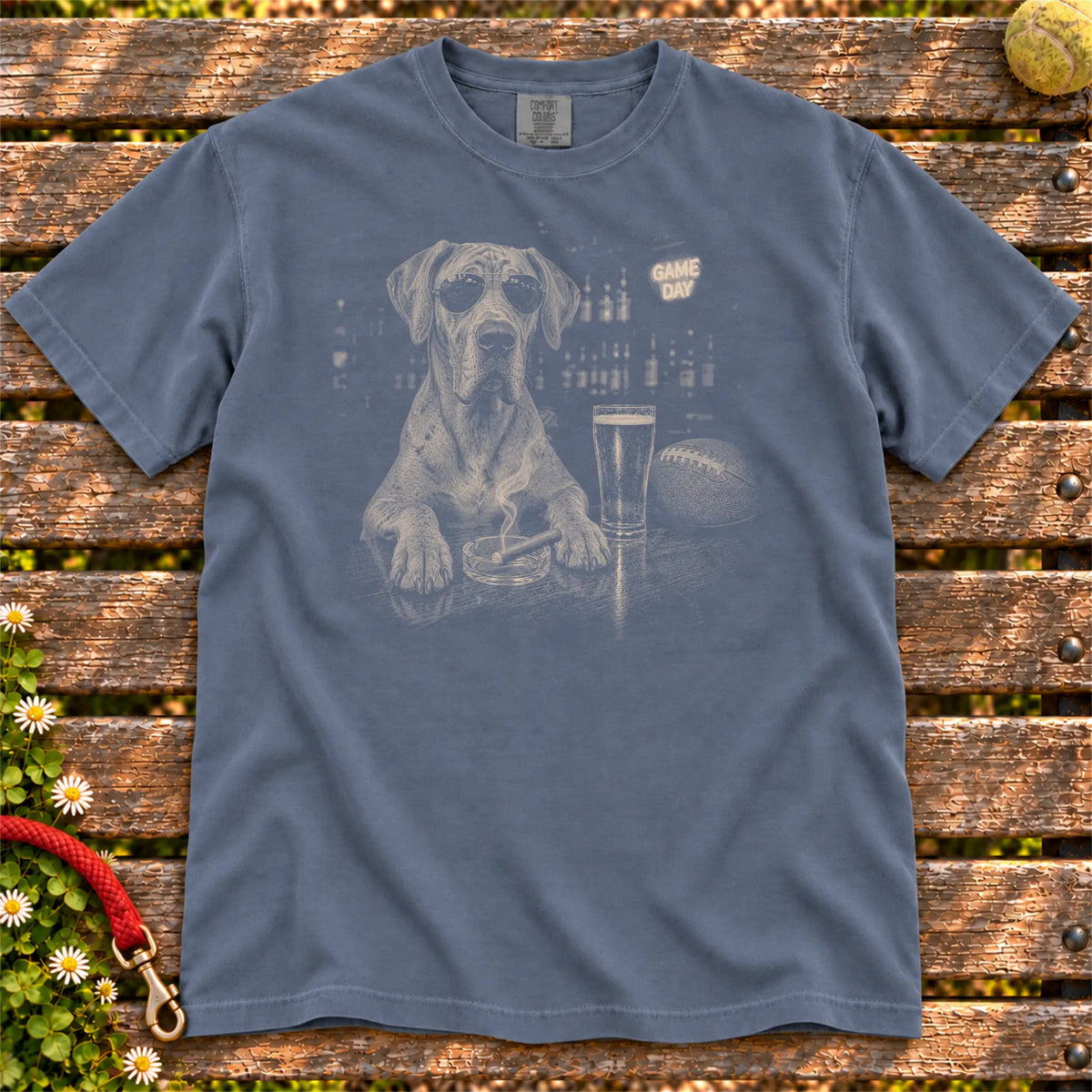 Beer and Football Great Dane design on a Denim Comfort Colors T-shirt, shown flat