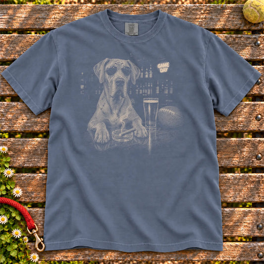 Beer and Football Great Dane design on a Denim Comfort Colors T-shirt, shown flat