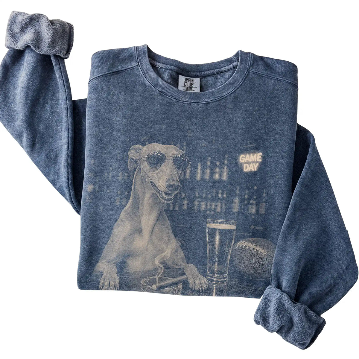 Denim Beer and Football Greyhound sweatshirt, folded