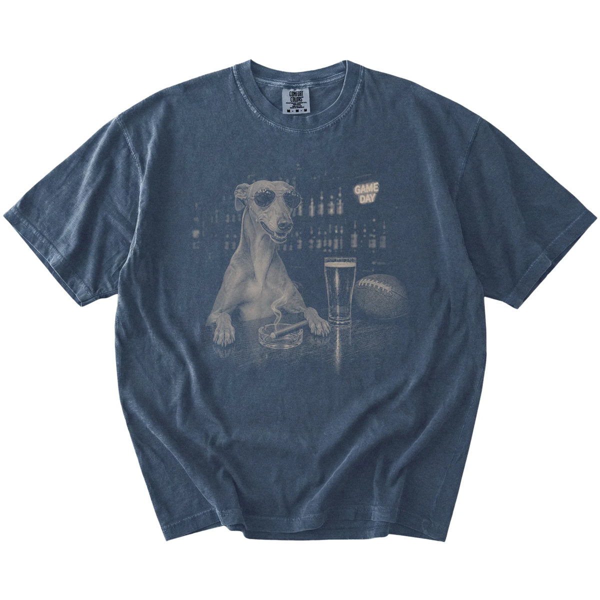 Greyhound with beer and football graphics on a Denim Comfort Colors® T-shirt