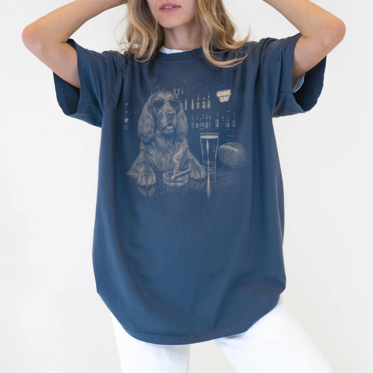 Model wearing a Denim Comfort Colors® T-shirt featuring Irish Setter with beer and football graphics