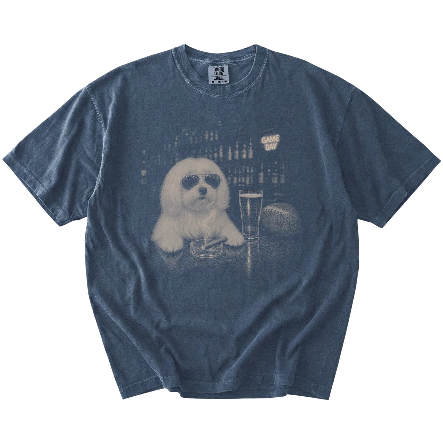 Maltese with beer and football graphics on a Denim Comfort Colors® T-shirt