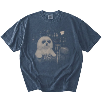 Maltese with beer and football graphics on a Denim Comfort Colors® T-shirt
