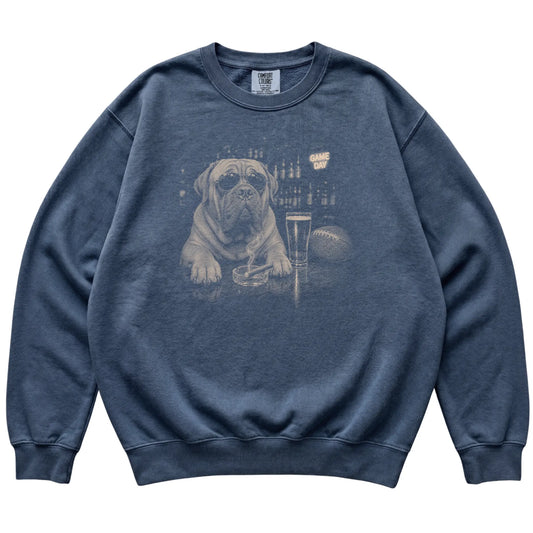 Denim Beer and Football Mastiff sweatshirt, laid flat