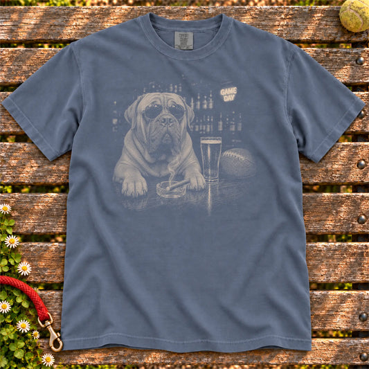 Beer and Football Mastiff design on a Denim Comfort Colors T-shirt, shown flat