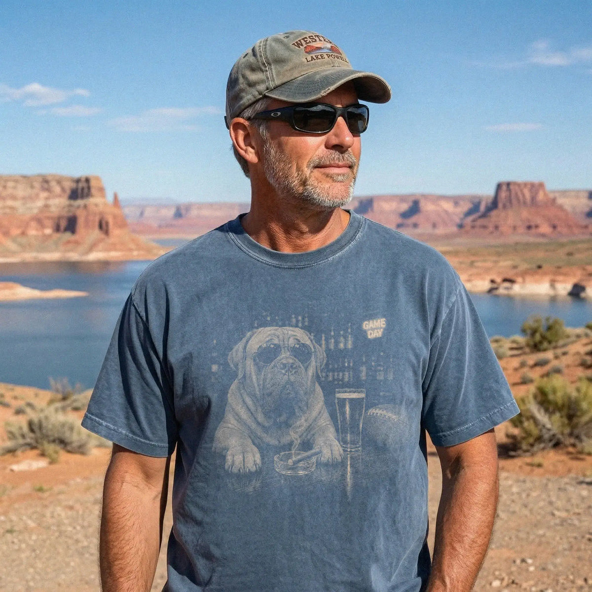 Model wearing a Denim Comfort Colors® T-shirt featuring Mastiff with beer and football graphics