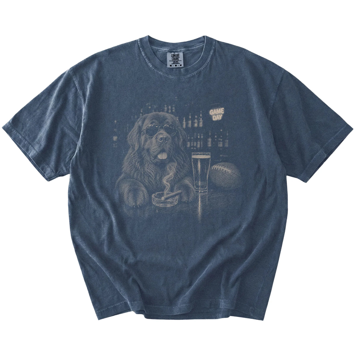 Newfie with beer and football graphics on a Denim Comfort Colors® T-shirt