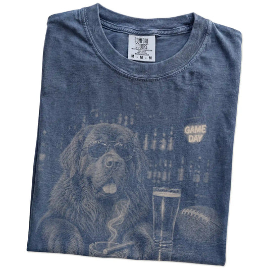Folded Denim Comfort Colors® T-shirt showing Newfie with beer and football graphics