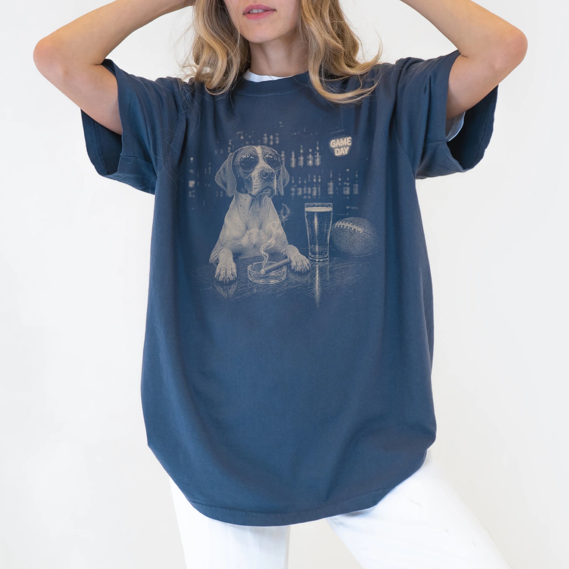 Model wearing a Denim Comfort Colors® T-shirt featuring Pointer with beer and football graphics