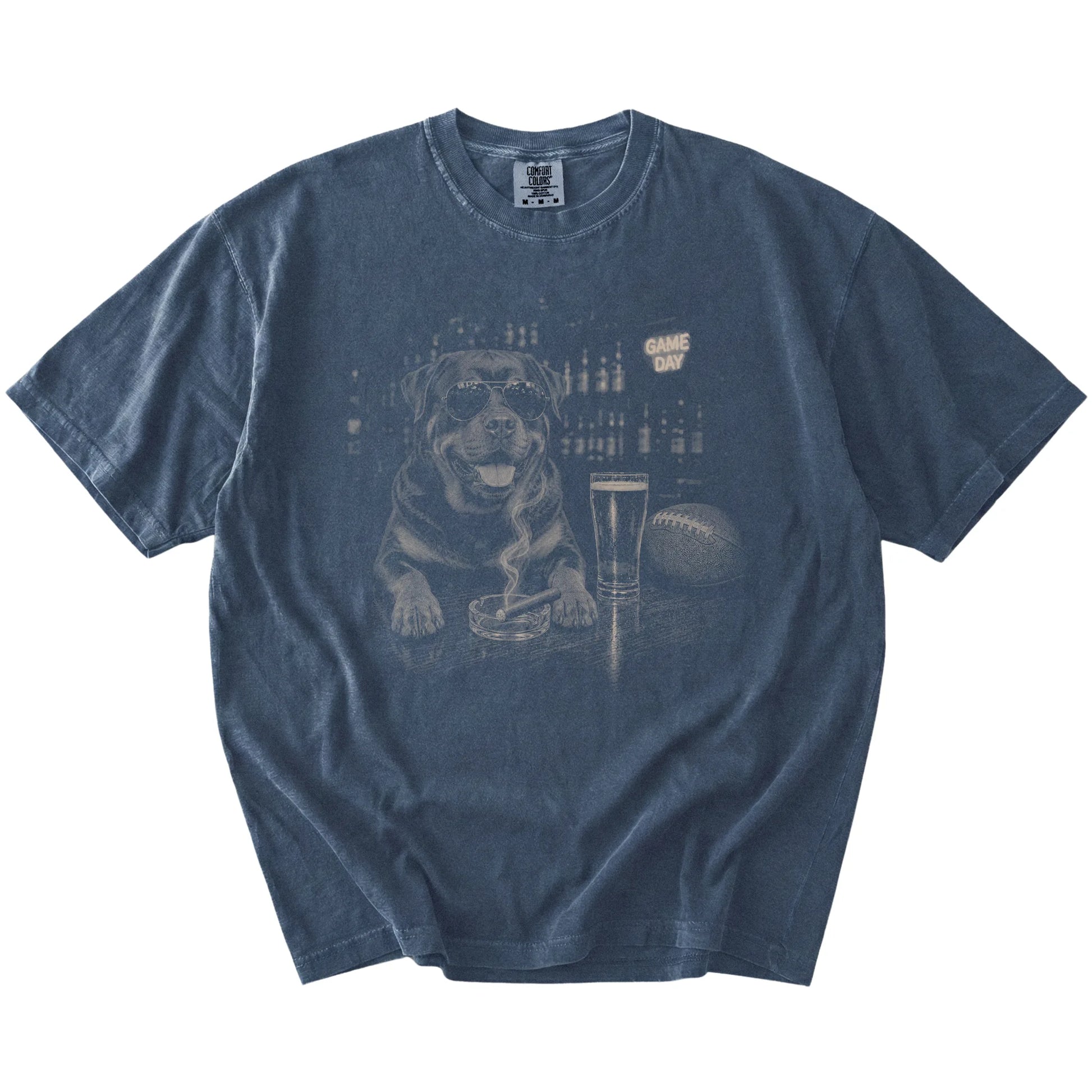 Rottweiler with beer and football graphics on a Denim Comfort Colors® T-shirt