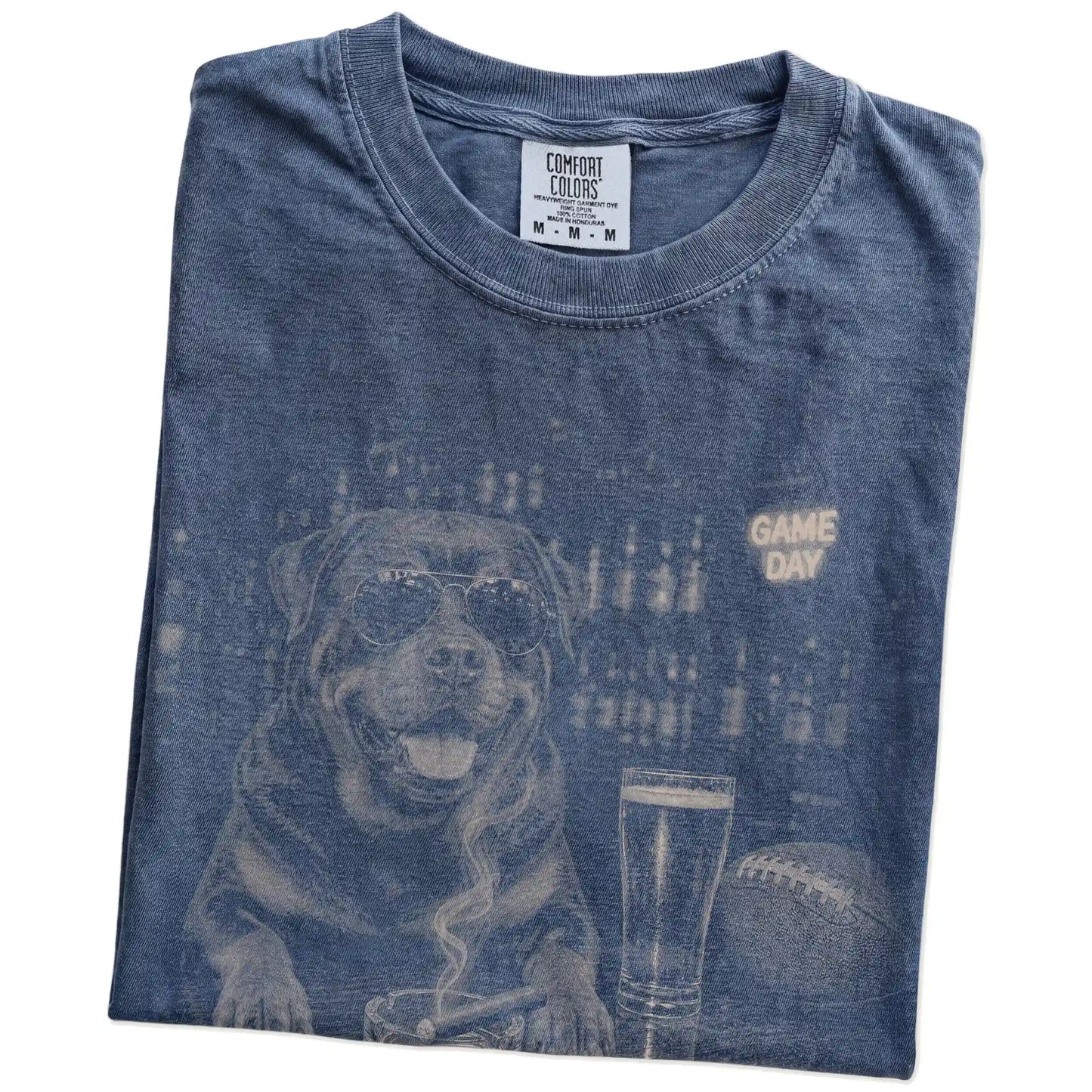 Folded Denim Comfort Colors® T-shirt showing Rottweiler with beer and football graphics