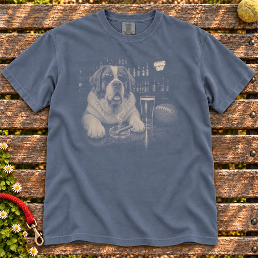 Beer and Football St Bernard design on a Denim Comfort Colors T-shirt, shown flat