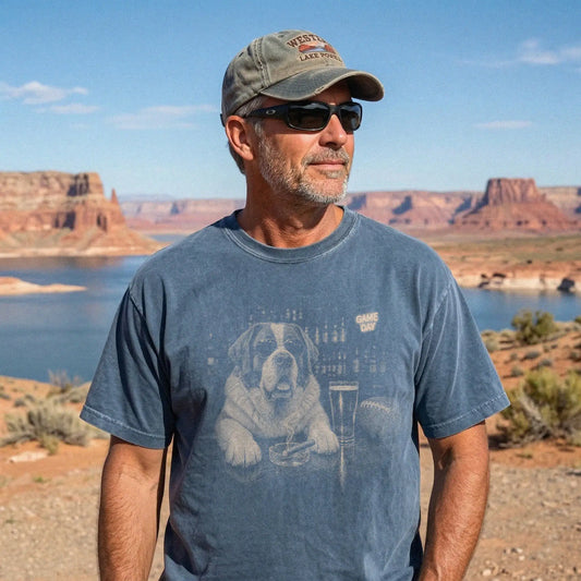 Model wearing a Denim Comfort Colors® T-shirt featuring Saint Bernard with beer and football graphics