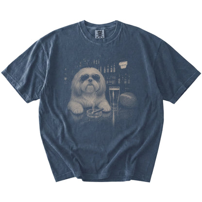 Shih Tzu with beer and football graphics on a Denim Comfort Colors® T-shirt