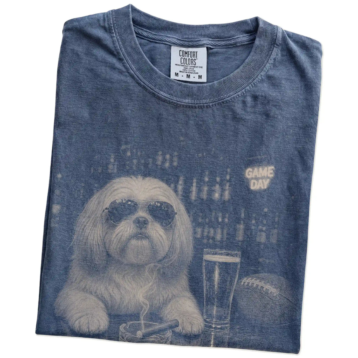 Folded Denim Comfort Colors® T-shirt showing Shih Tzu with beer and football graphics