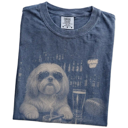 Folded Denim Comfort Colors® T-shirt showing Shih Tzu with beer and football graphics