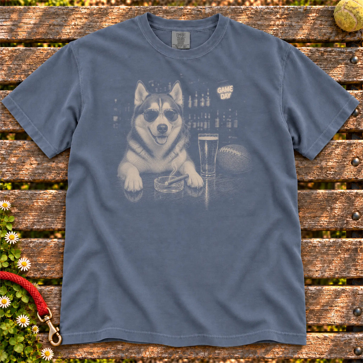 Beer and Football Husky design on a Denim Comfort Colors T-shirt, shown flat