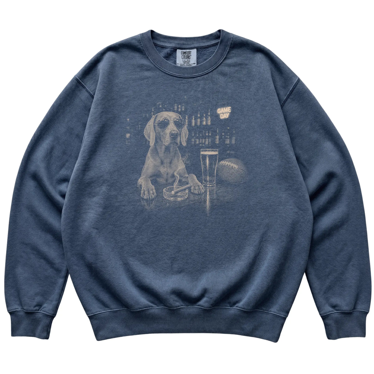 Denim Beer and Football Weimaraner sweatshirt, laid flat