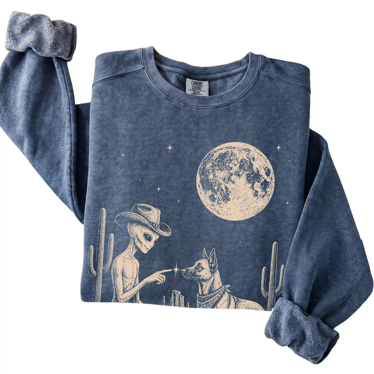 Denim Comfort Colors® sweatshirt featuring Belgian Malinois Cowboy and Alien, folded presentation