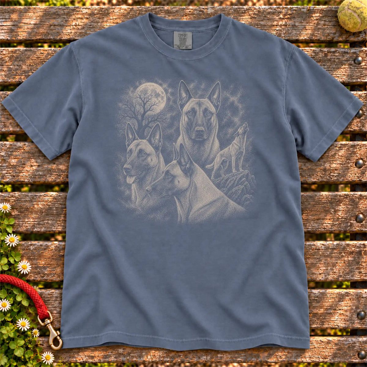 Belgian Malinois 90s Moon design on a Denim T-shirt shown flat