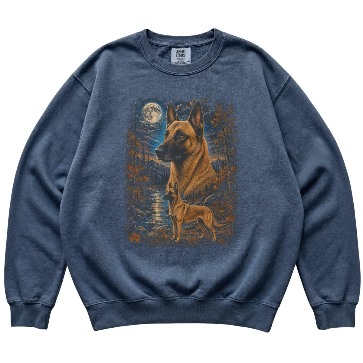 denim sweatshirt with Belgian Malinois Autumn Moon artwork.