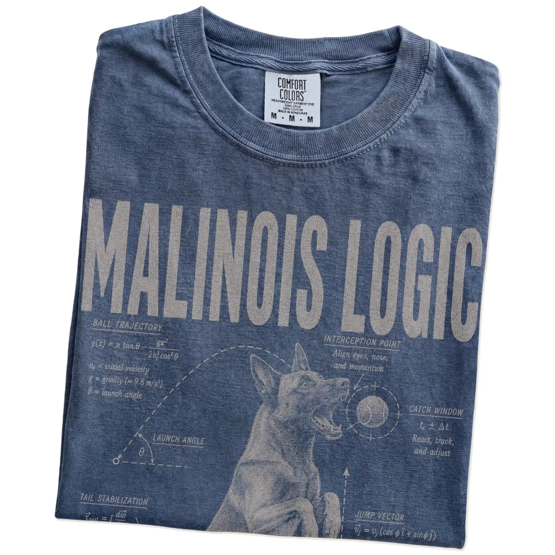 Folded Denim Belgian Malinois Ball Logic T-Shirt showing the graphic