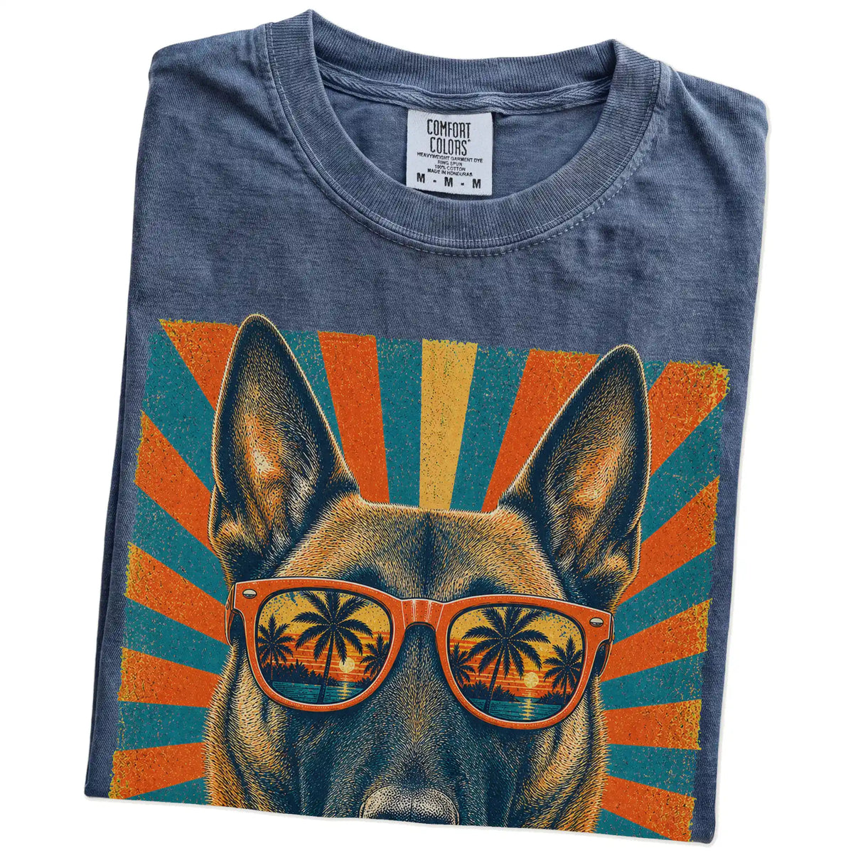 Retro Belgian Malinois Dad design on a Denim Comfort Colors T-shirt folded detail
