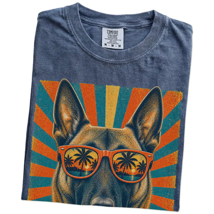 Retro Belgian Malinois Dad design on a Denim Comfort Colors T-shirt folded detail