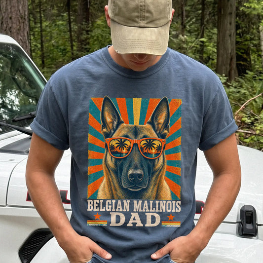 Retro Belgian Malinois Dad design on a Denim Comfort Colors T-shirt worn by a model
