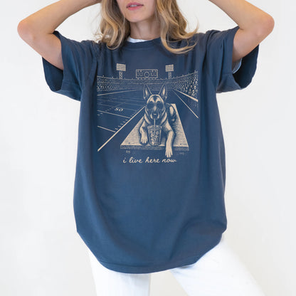 Model wearing a Denim Comfort Colors® T-shirt featuring Belgian Malinois ready for football and tailgate season