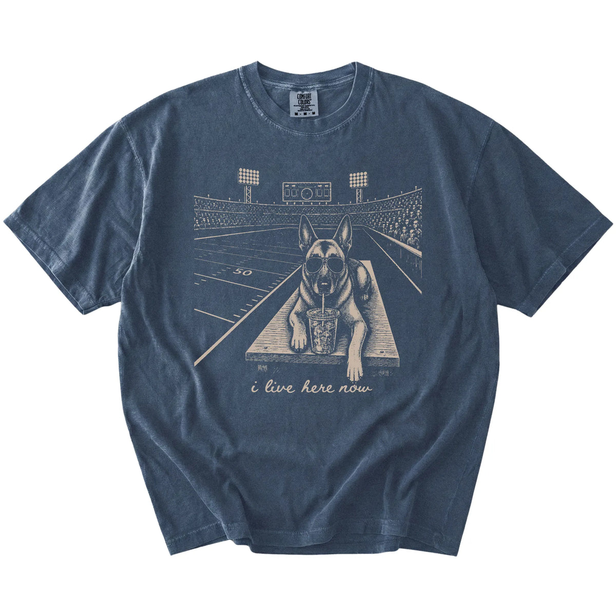 Belgian Malinois ready for football and tailgate season on a Denim Comfort Colors® T-shirt