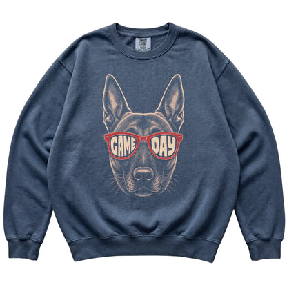 Denim Belgian Malinois Game Day Sunglasses sweatshirt, laid flat