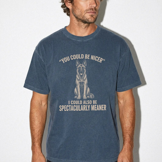 Belgian Malinois Guard Dog T-Shirt in Denim worn in a studio setting