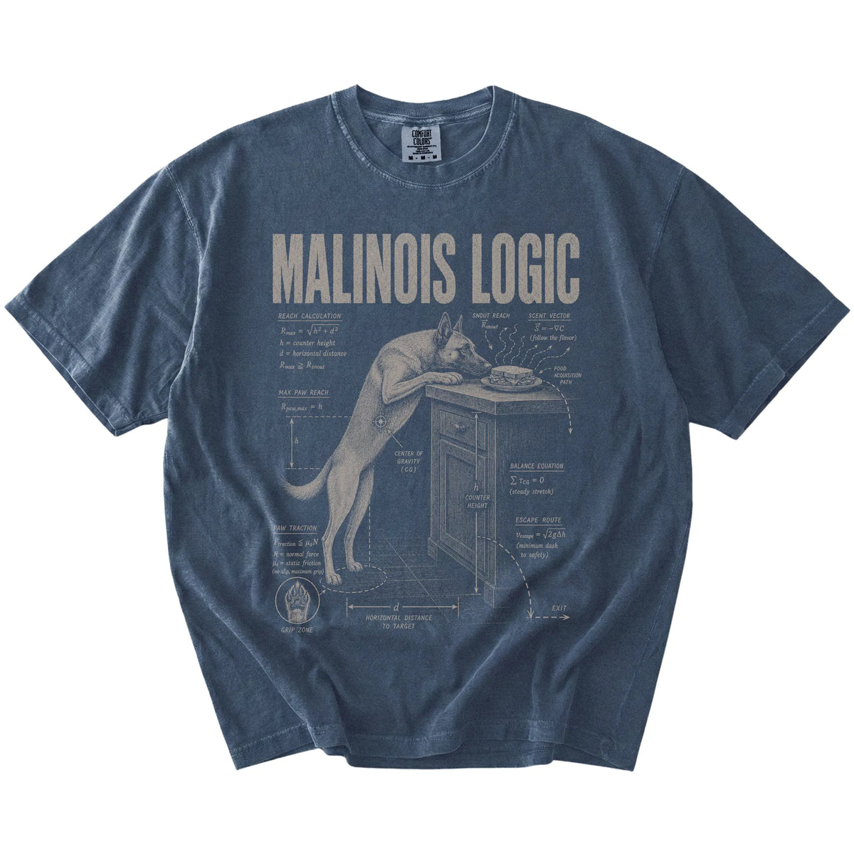 Denim Belgian Malinois Logic T-Shirt laid flat