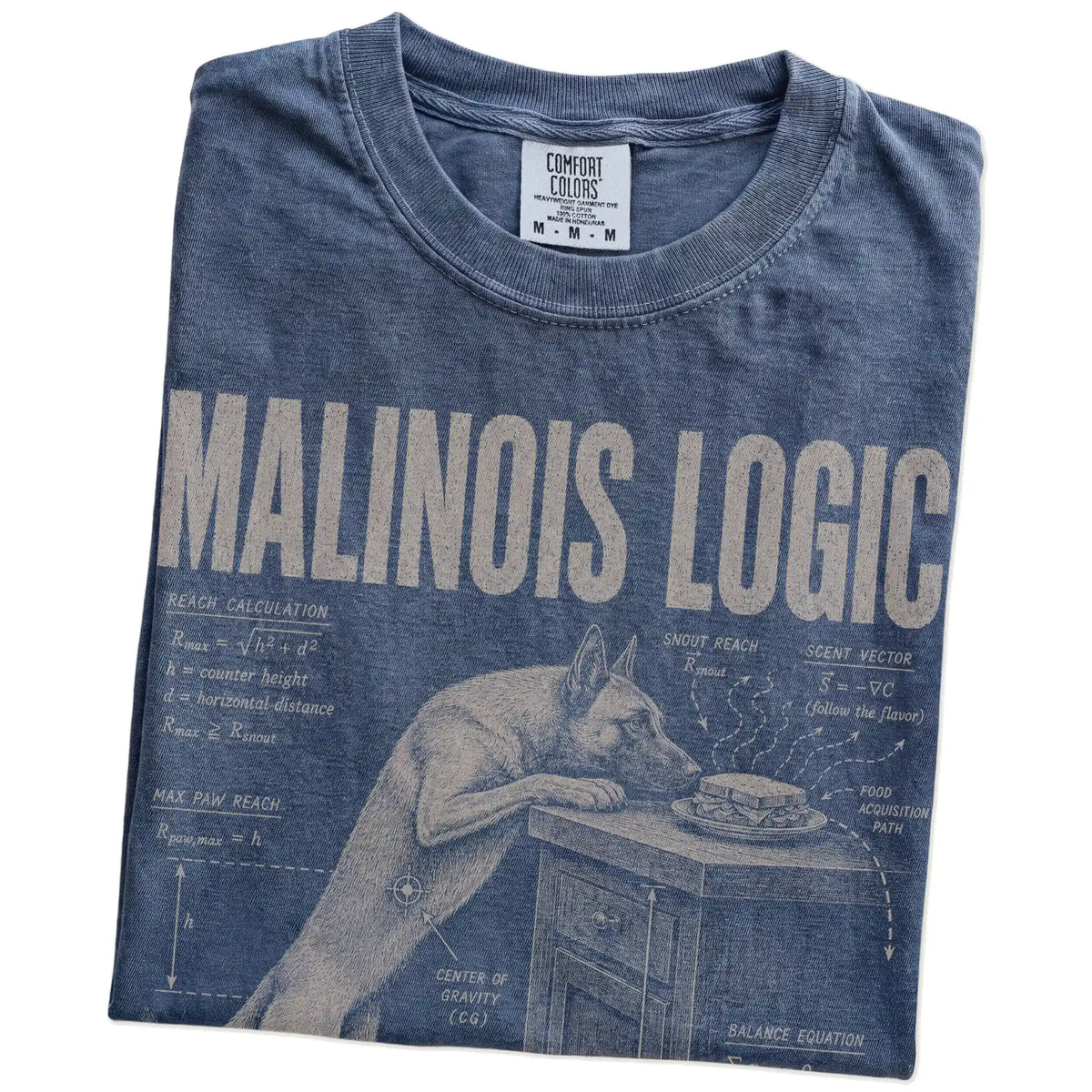 Folded Denim Belgian Malinois Logic T-Shirt showing the graphic