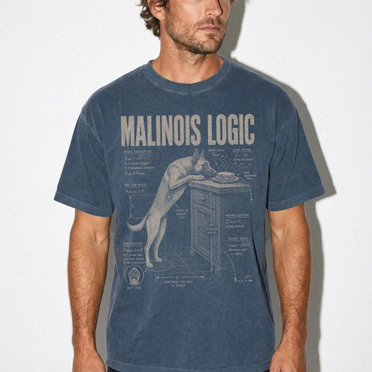 Man wearing a Denim Belgian Malinois Logic T-Shirt